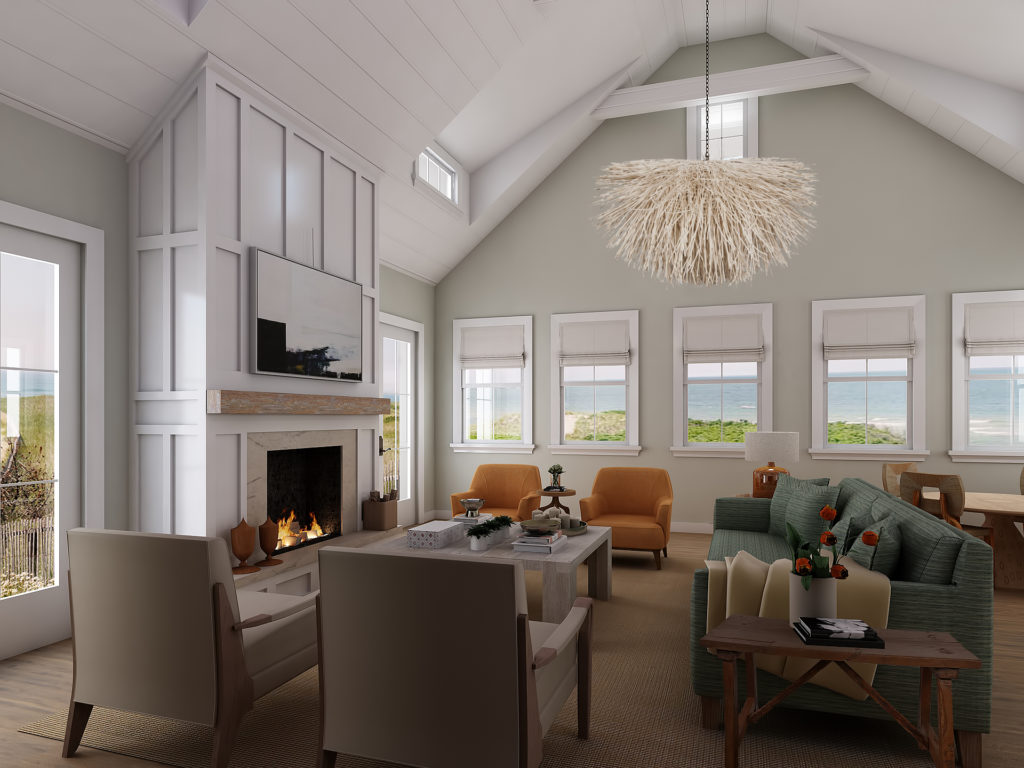 Coddington Design :: Nantucket Project 2016 :: Digital Rendering of Living Room with Sea Urchin Chandelier